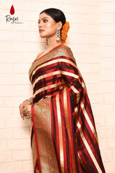 Tanchoi Banarasi Handloom Saree With Contemporary Stripe Pattern Design